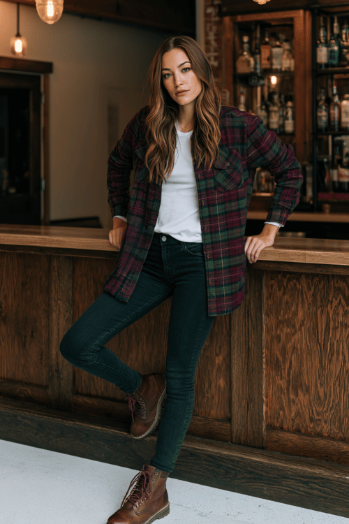 a woman wearing a plaid flannel shacket in burgundy and forest green over a white fitted long-sleeve top, skinny dark jeans, and brown lace-up ankle boots 