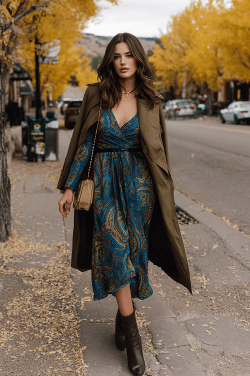 a woman wearing a polished boho midi dress in a rich jewel-toned paisley print with long sleeves and a cinched waist, layered with a structured dark olive trench coat