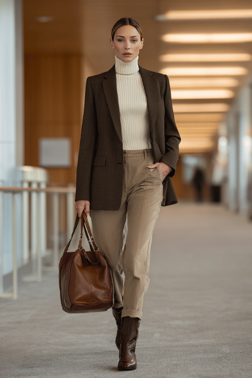 a woman wearing a polished longline blazer in warm dark olive over a fitted ribbed knit turtleneck in soft cream and tailored straight-leg trousers in warm stone beige