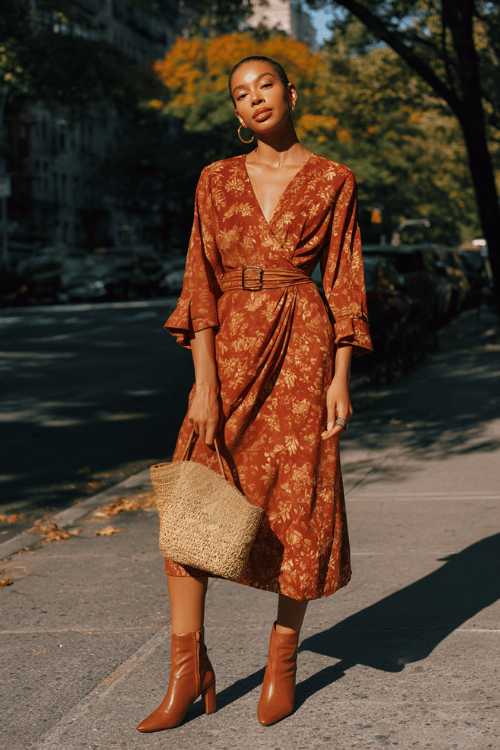 a woman wearing a polished midi wrap dress in a warm rust floral print with a V-neckline and fluted sleeves, belted at the waist with a thin cognac leather belt 