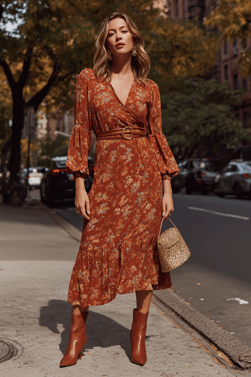 a woman wearing a polished midi wrap dress in a warm rust floral print with a V-neckline and fluted sleeves, belted at the waist with a thin cognac leather belt