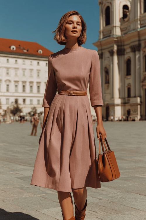 a woman wearing a refined A-line midi dress in soft dusty rose wool with three-quarter sleeves and a subtle pleated skirt, accessorized with leather pointed-toe ankle boots in warm cognac 