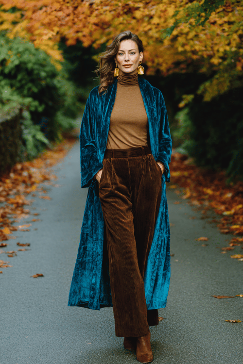 a woman wearing a refined boho ensemble a richly textured velvet kimono coat in deep jewel tones of teal and plum over a simple fitted camel turtleneck and wide-leg trousers