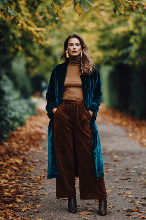 a woman wearing a refined boho ensemble a richly textured velvet kimono coat in deep jewel tones of teal and plum over a simple fitted camel turtleneck and wide-leg trousers