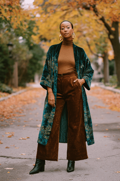 a woman wearing a refined boho ensemble a richly textured velvet kimono coat in deep jewel tones of teal and plum over a simple fitted camel turtleneck and wide-leg trousers