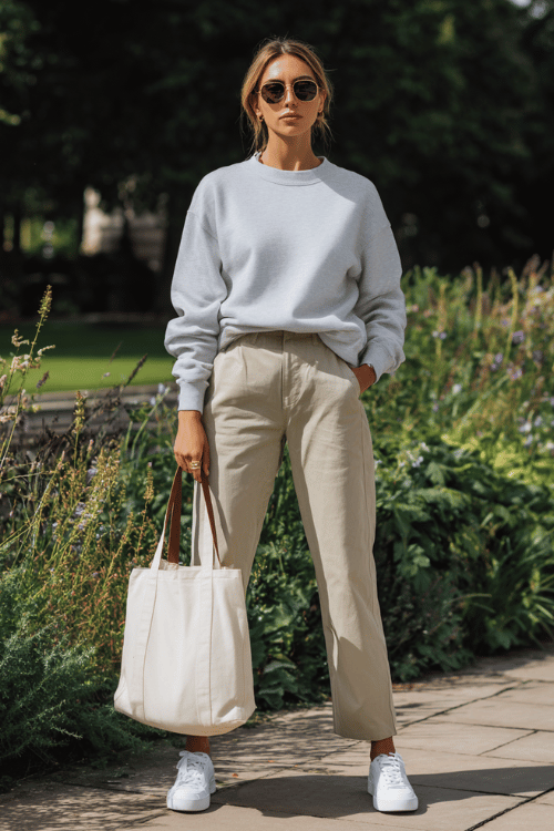 a woman wearing a relaxed cotton crew-neck sweatshirt in light grey paired with tailored high-waisted straight-leg chinos in warm sand, white leather sneakers