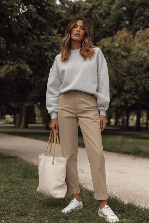 a woman wearing a relaxed cotton crew-neck sweatshirt in light grey paired with tailored high-waisted straight-leg chinos in warm sand, white leather sneakers 