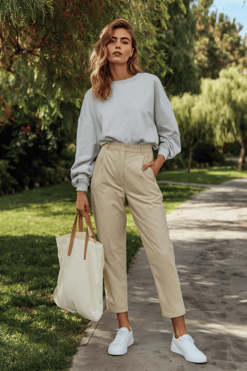 a woman wearing a relaxed cotton crew-neck sweatshirt in light grey paired with tailored high-waisted straight-leg chinos in warm sand, white leather sneakers