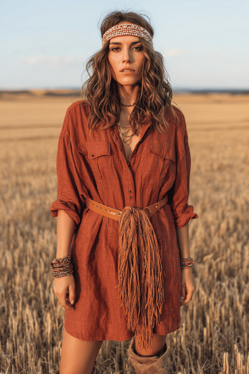 a woman wearing a relaxed hippie-chic ensemble an oversized rust-toned linen shirt dress belted loosely at the waist with a woven leather strap, layered with a long fringed scarf