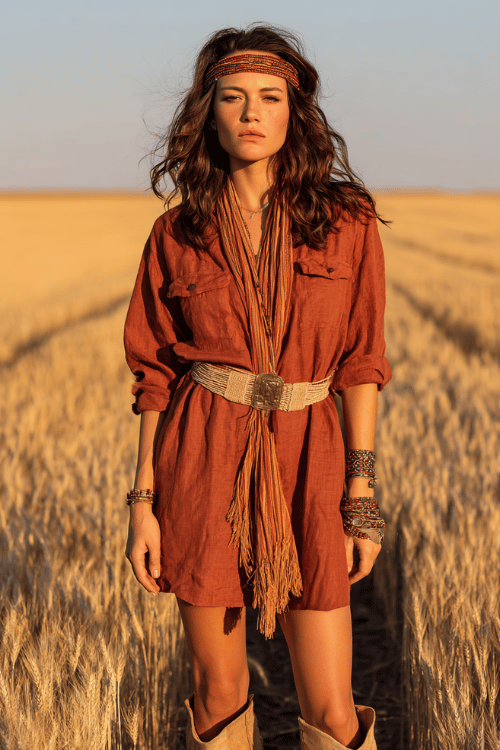a woman wearing a relaxed hippie-chic ensemble an oversized rust-toned linen shirt dress belted loosely at the waist with a woven leather strap