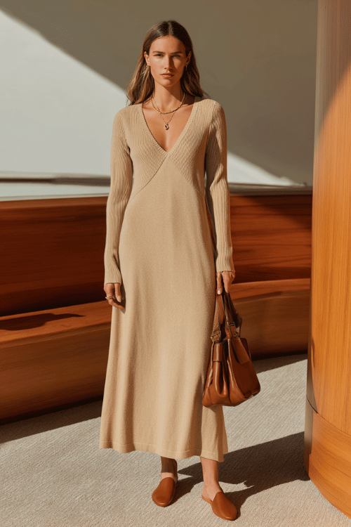 a woman wearing a relaxed yet refined long-sleeve maxi dress in warm oatmeal ribbed knit with a subtle V-neckline and flowing skirt, paired with flat leather mules
