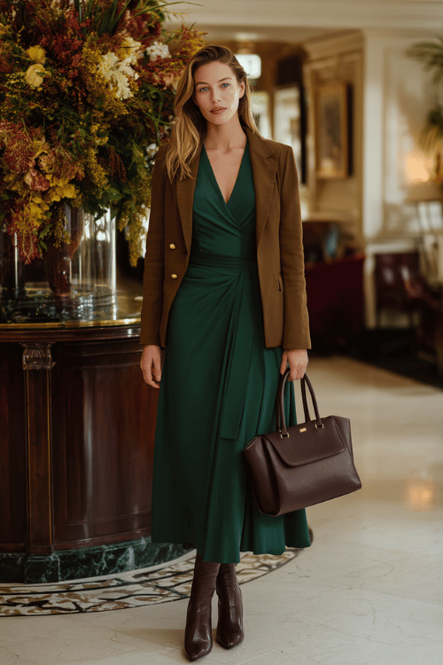 a woman wearing a rich emerald green long-sleeve wrap dress with a beautifully cinched waist and flowing midi skirt, layered with a tailored camel blazer with gold button details