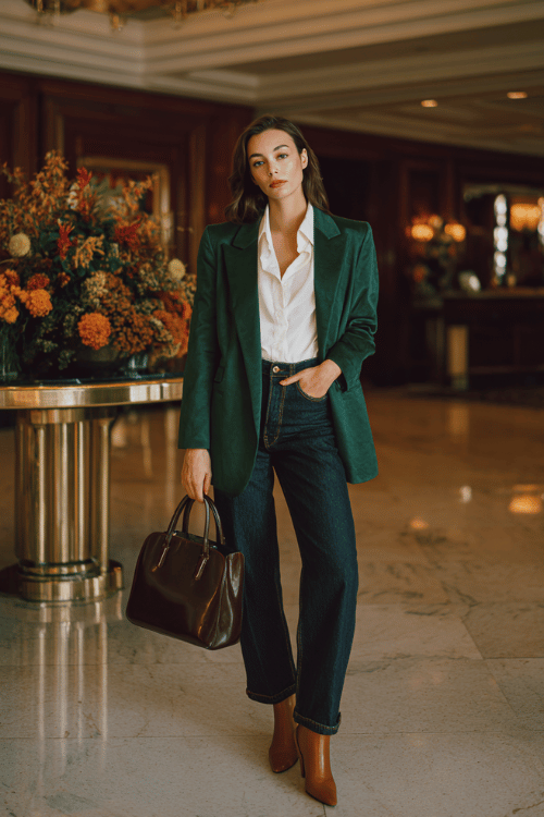 a woman wearing a rich emerald green wrap blazer over a crisp white button-down shirt tucked into straight-leg dark indigo jeans, finished with pointed-toe ankle boots