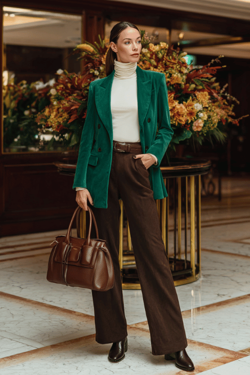 a woman wearing a rich emerald green wrap blazer over a soft ivory cashmere turtleneck tucked into tailored wide-leg trousers in warm chocolate brown, finished with knee-high boots