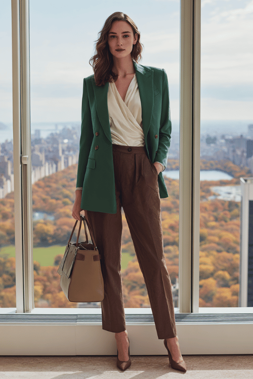 a woman wearing a rich emerald green wrap blazer over a soft ivory silk blouse tucked into tailored straight-leg trousers in warm chocolate brown