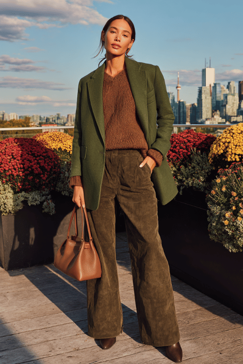 a woman wearing a rich mahogany oversized knit sweater tucked into high-waisted wide-leg dark wash trousers, layered with a tailored forest green blazer 