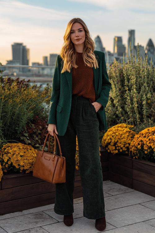 a woman wearing a rich mahogany oversized knit sweater tucked into high-waisted wide-leg dark wash trousers, layered with a tailored forest green blazer, finished with over-the-knee boots