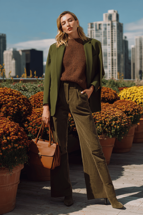 a woman wearing a rich mahogany oversized knit sweater tucked into high-waisted wide-leg dark wash trousers, layered with a tailored forest green blazer