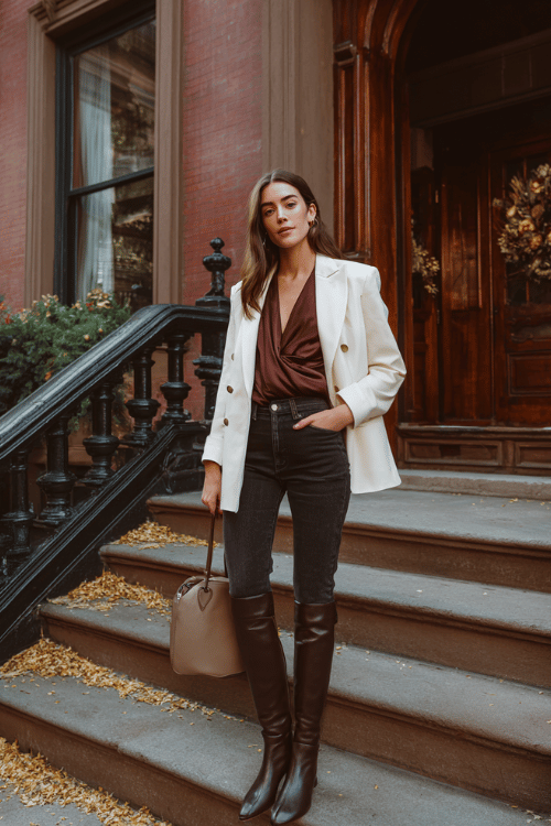 a woman wearing a rich mahogany wrap blouse tucked into high-waisted straight-leg dark wash jeans, layered with a fitted ivory double-breasted blazer