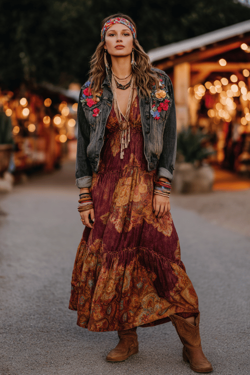 a woman wearing a richly printed boho maxi dress in warm paisley tones of deep plum and ochre, layered with an oversized vintage denim jacket