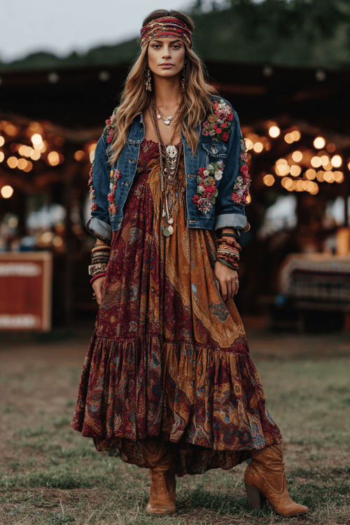 a woman wearing a richly printed boho maxi dress in warm paisley tones of deep plum and ochre, layered with an oversized vintage denim jacket