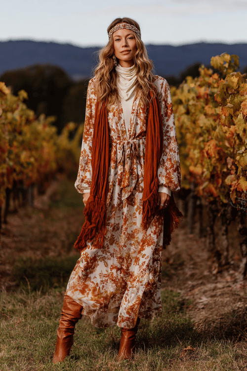 a woman wearing a romantic boho ensemble a sheer floral maxi dress in warm spice tones layered over a cream turtleneck, draped with a fringed blanket scarf 