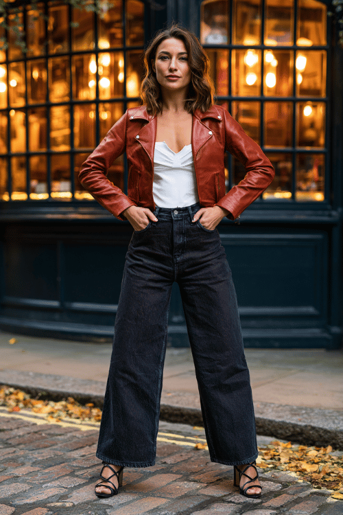 a woman wearing a rust-colored cropped leather jacket over a white fitted bodysuit, high-waisted wide-leg dark wash jeans, and black strappy heeled sandals