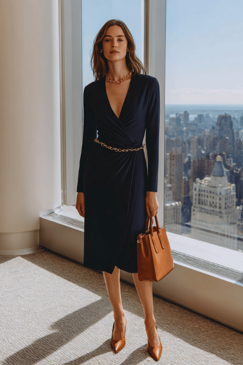 a woman wearing a sleek long-sleeve wrap dress in deep navy crepe, cinched at the waist with a thin gold chain belt, paired with pointed-toe leather pumps in warm tan