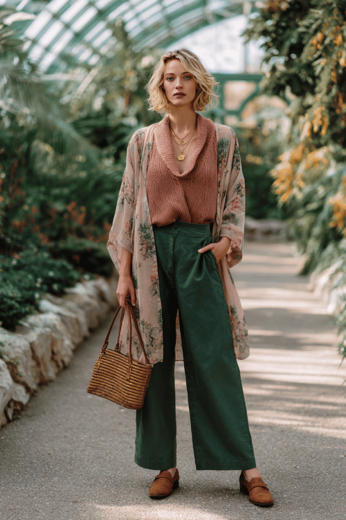 a woman wearing a soft draped cowl-neck sweater in warm dusty rose paired with relaxed wide-leg trousers in deep forest green, layered with a lightweight open boho kimono 