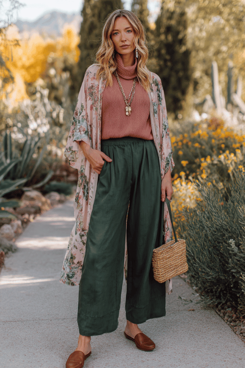 a woman wearing a soft draped cowl-neck sweater in warm dusty rose paired with relaxed wide-leg trousers in deep forest green, layered with a lightweight open boho kimono