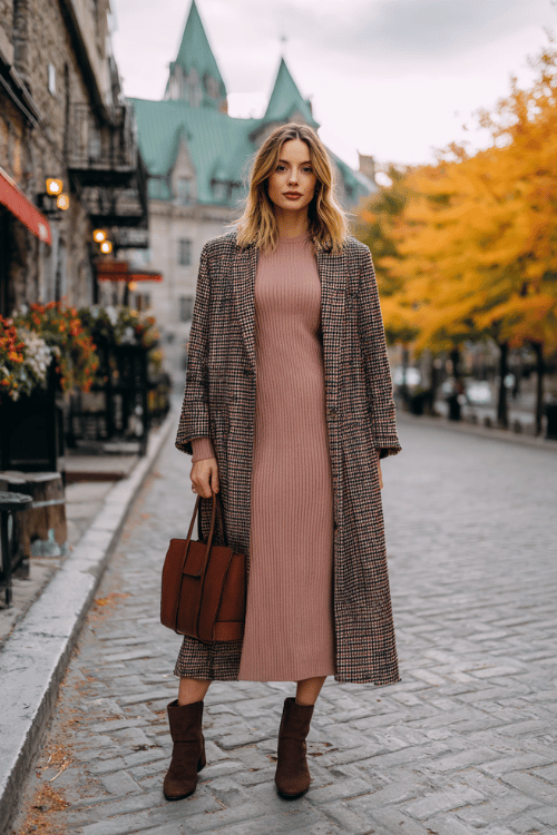 a woman wearing a soft dusty rose long-sleeve midi dress with a fitted ribbed bodice and flowing skirt, layered with a longline houndstooth coat in black and camel