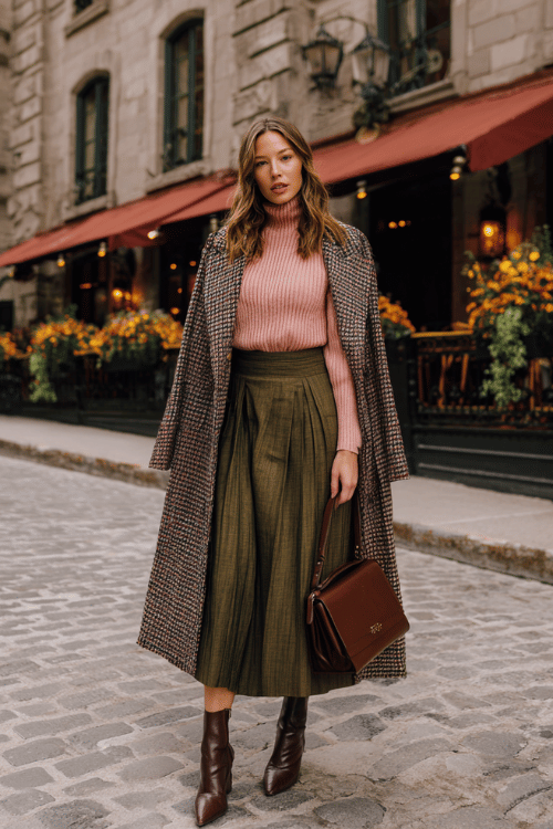 a woman wearing a soft dusty rose ribbed turtleneck tucked into a high-waisted pleated midi skirt in deep olive green, layered with a longline houndstooth coat in black and ivory