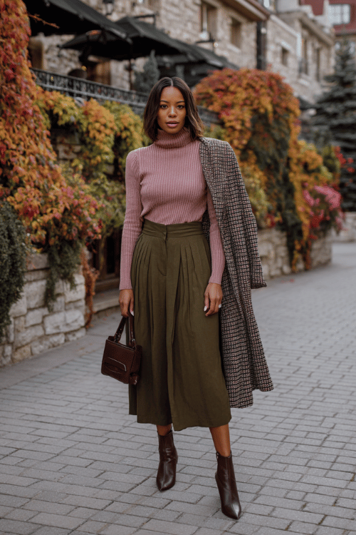 a woman wearing a soft dusty rose ribbed turtleneck tucked into a high-waisted pleated midi skirt in deep olive green, layered with a longline houndstooth coat in black and ivory