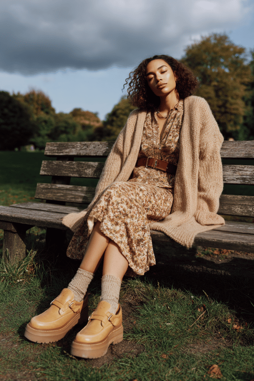 a woman wearing a soft oversized camel knit cardigan draped over a printed boho midi dress in muted autumn florals, cinched with a thin braided leather belt