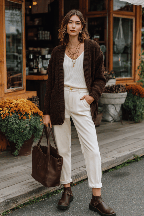 a woman wearing a soft plush fleece-lined open cardigan in warm chocolate brown over a simple ribbed long-sleeve top in cream and relaxed tapered trousers in deep camel