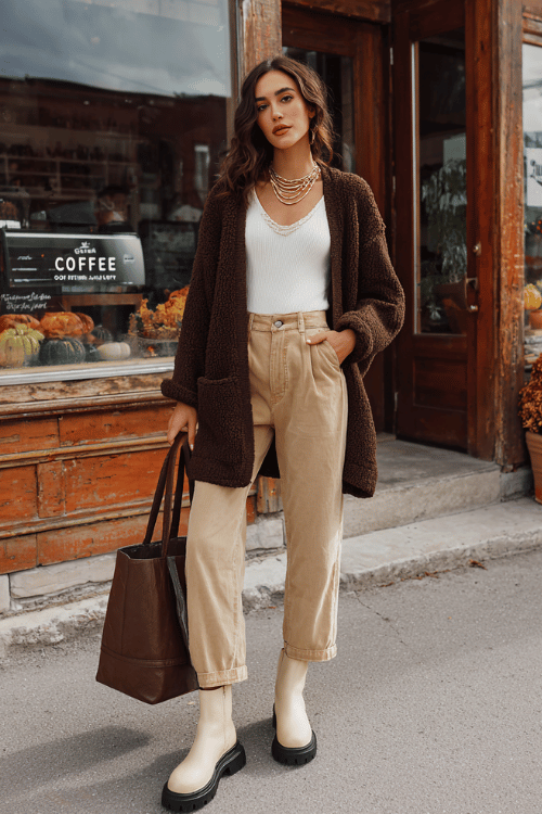 a woman wearing a soft plush fleece-lined open cardigan in warm chocolate brown over a simple ribbed long-sleeve top in cream and relaxed tapered trousers in deep camel