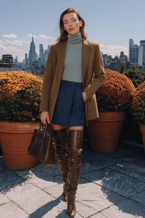 a woman wearing a soft sage green cashmere turtleneck tucked into a high-waisted pleated skirt in deep navy with subtle gold pinstripes, layered with a fitted camel blazer