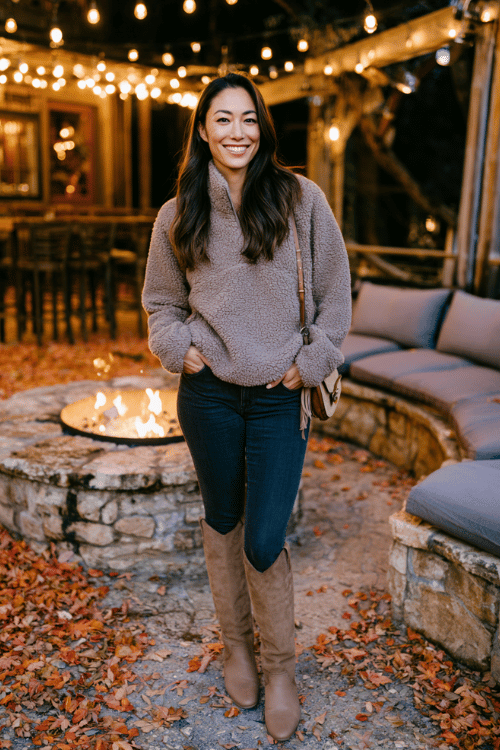 a woman wearing a soft taupe sherpa pullover jacket, high-waisted dark skinny jeans, and tan knee-high flat boots, with a small saddle bag crossbody