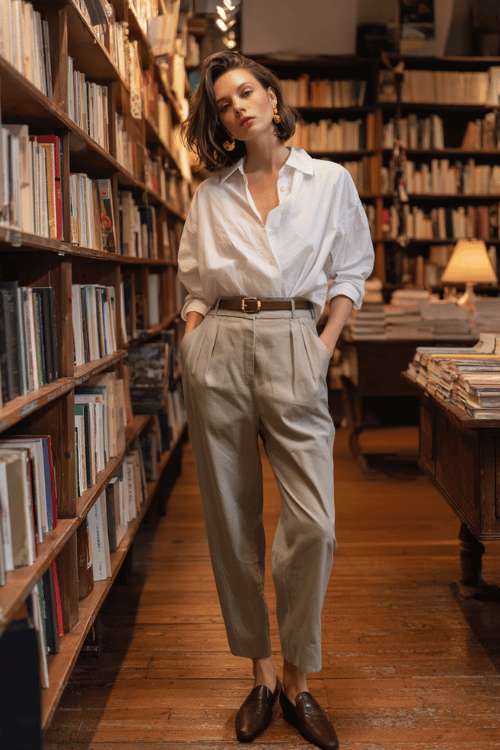 a woman wearing a soft white oversized button-down shirt tucked into high-waisted tailored trousers in warm stone grey, accessorized with a slim leather belt, simple gold stud earrings