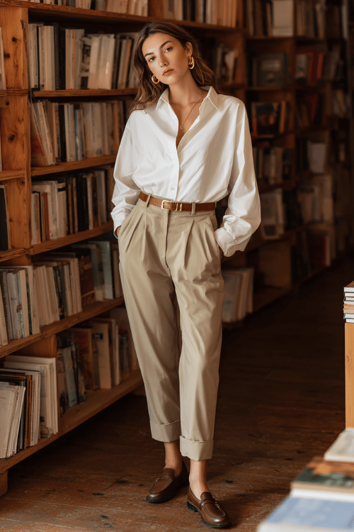 a woman wearing a soft white oversized button-down shirt tucked into high-waisted tailored trousers in warm stone grey, accessorized with a slim leather belt