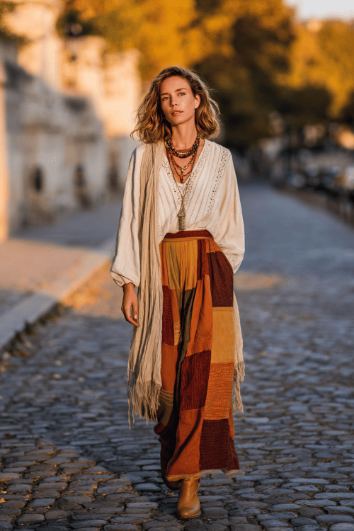 a woman wearing a sophisticated boho look a loose embroidered linen blouse in warm ivory tucked into a long patchwork skirt in rich terracotta and rust tones