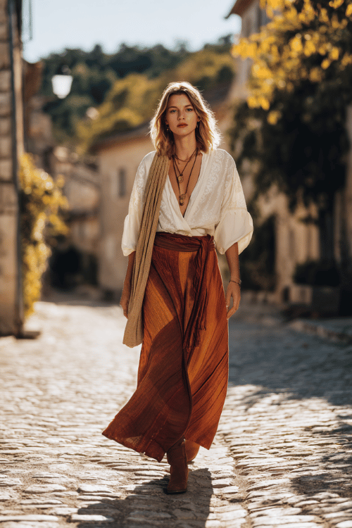 a woman wearing a sophisticated boho look a loose embroidered linen blouse in warm ivory tucked into a long patchwork skirt in rich terracotta