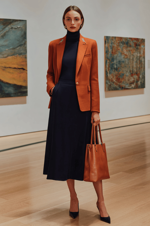 a woman wearing a sophisticated deep navy long-sleeve turtleneck dress with a defined waist and flowing A-line midi skirt, layered with a fitted rust-orange blazer