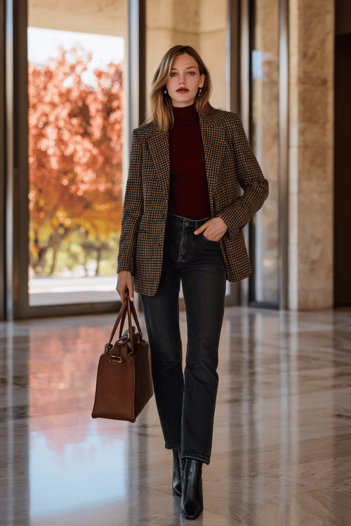 a woman wearing a sophisticated houndstooth blazer in black and camel over a soft burgundy fitted turtleneck tucked into straight-leg dark wash jeans, finished with block-heel ankle boots