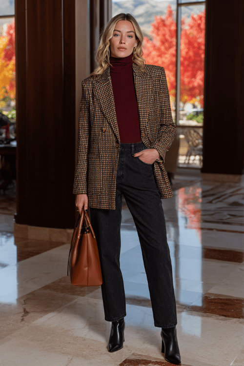 a woman wearing a sophisticated houndstooth blazer in black and camel over a soft burgundy fitted turtleneck tucked into straight-leg dark wash jeans