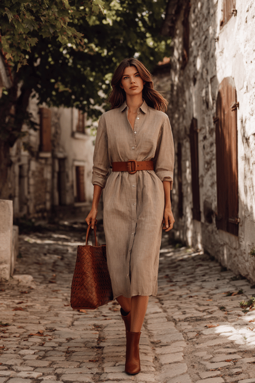 a woman wearing a sophisticated long-sleeve shirt dress in warm stone linen, belted loosely at the waist, paired with flat leather ankle boots in deep cognac