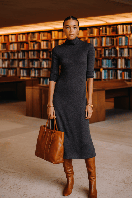 a woman wearing a sophisticated wool turtleneck dress in deep charcoal grey with a fitted bodice and gently flared midi skirt, paired with knee-high leather boots in warm cognac