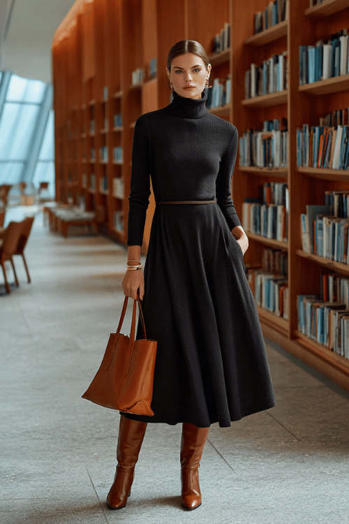 a woman wearing a sophisticated wool turtleneck dress in deep charcoal grey with a fitted bodice and gently flared midi skirt, paired with knee-high leather boots in warm cognac