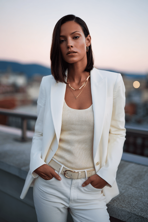 a woman wearing a structured off-white wool blazer over a light beige knit top and slim-fit cream trousers, accessorized with a thin gold chain necklace and leather belt 
