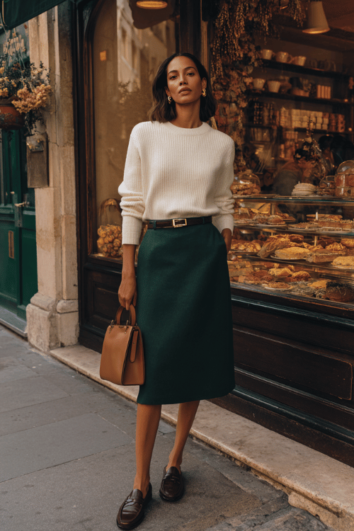a woman wearing a tailored wool midi skirt in deep forest green paired with a fitted cashmere crewneck sweater in warm cream, accessorized with a thin leather belt, gold stud earrings